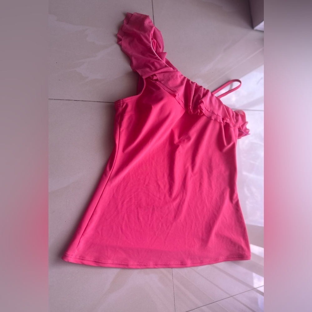 Be Creative swim top Women's Pink One-Shoulder Ruffle Top size 12 - Picture 13 of 16